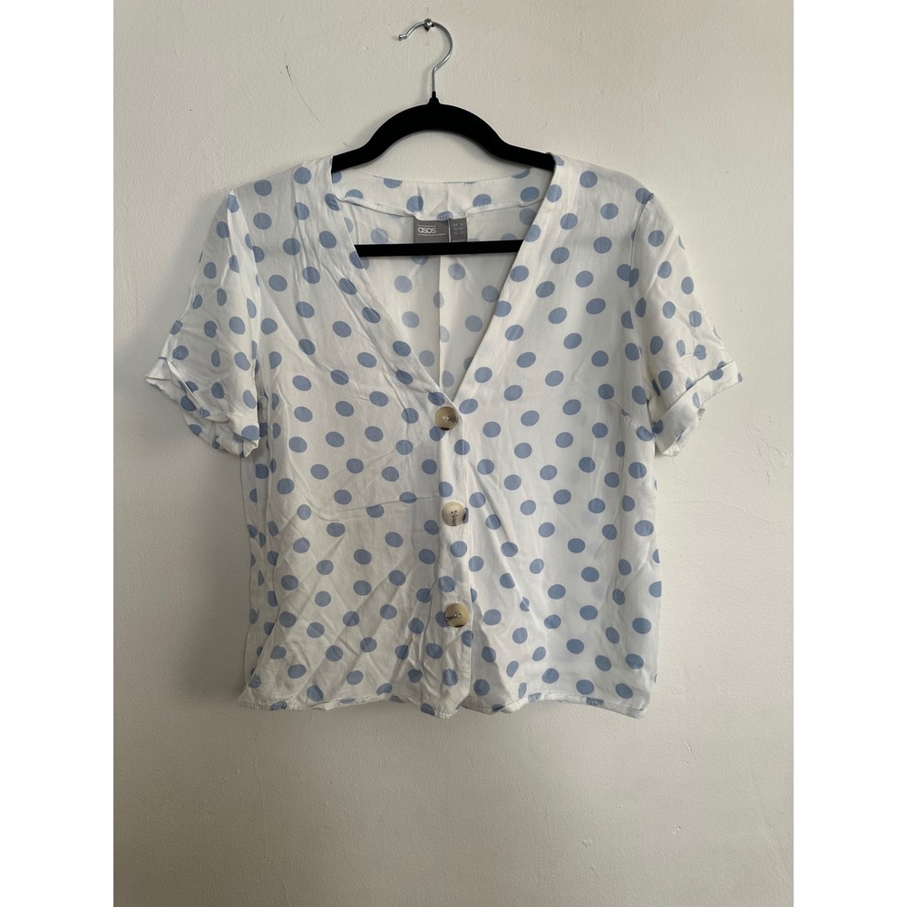 ASOS Womens Polka Dot V-Neck Button Front Short Sleeve Blouse White Blue Size 2